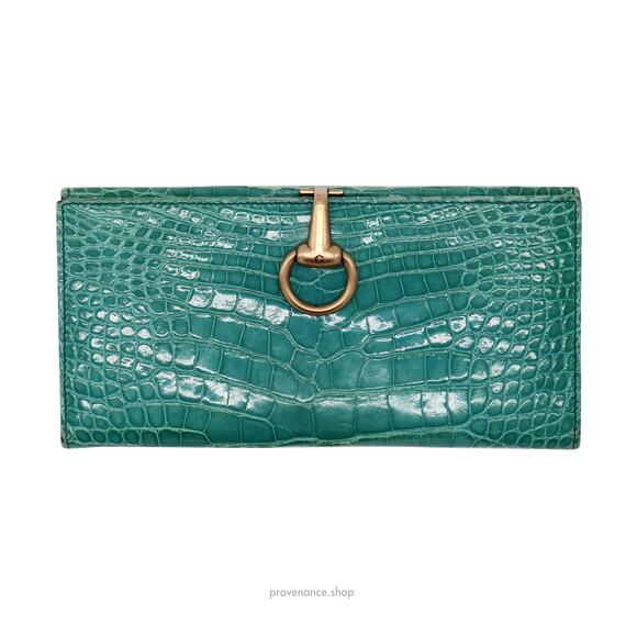 🔴 Gucci Horsebit Long Wallet - Turquoise Crocodile Leather - Picture 1 of 14